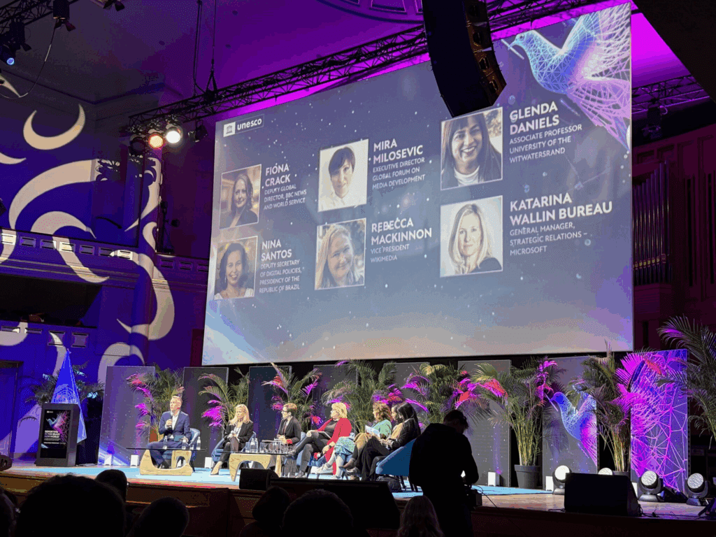 A view of a panel on stage during the World Press Freedom Day event in Brussels