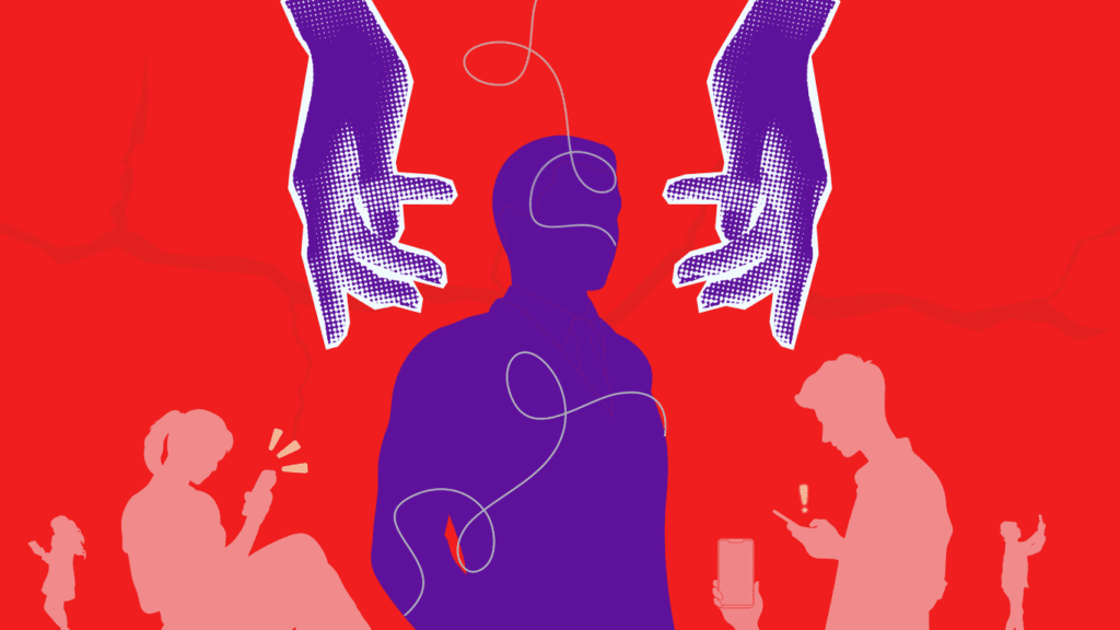 The illustration features a photo of a silhouette with thread being wrapped around them. A pair of hands frame the picture. In the background are silhouettes of people on their phones.