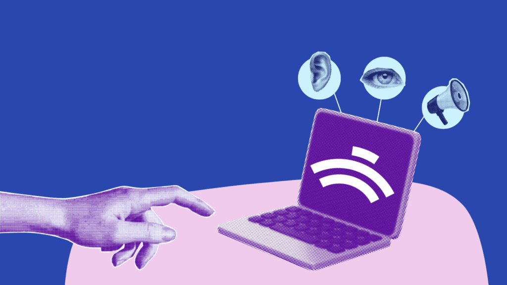 An illustration of a halftone hand stretching across the table. The hand reaches for a laptop. Three bubbles appear the laptop: an ear, eye and megaphone.